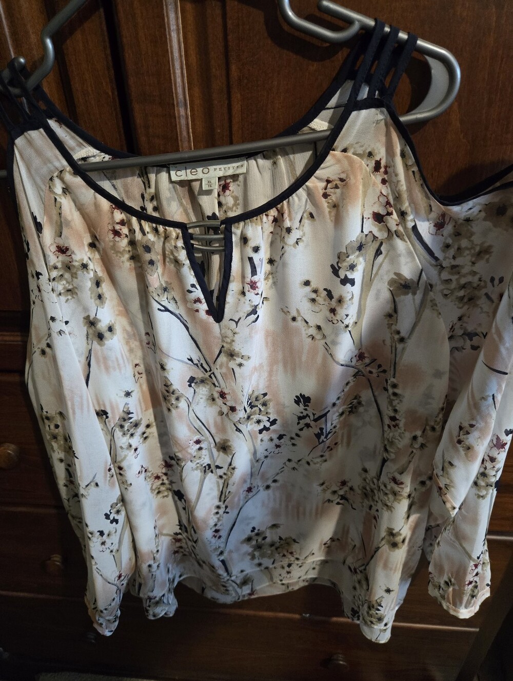 cleo Floral Cold-Shoulder Blouse in Cream, Blush and Black Trim